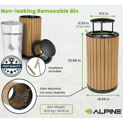 Steel Outdoor Trash Can with Rain Bonnet Lid, 32 Gallon, Cedar/Black (ALP4400-01-CD-RB)<Alpine Industries Online