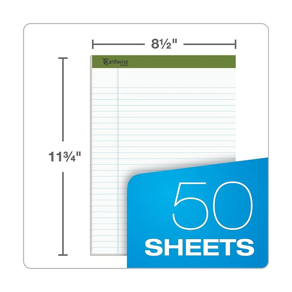 Notepads|Ampad Earthwise Notepads, 8.5" x 11.75", Wide Ruled, White, 50 Sheets/Pad, 12 Pads/Pack (TOP 20-172R)
