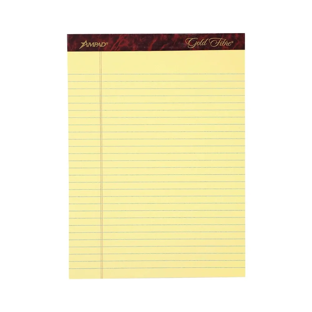 Notepads|Ampad Gold Fibre Notepads, 8.5" x 11.75", Legal Rule, Canary, 50 Sheets/Pad, 12 Pads/Pk (TOP 20-020R)