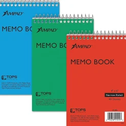 Notepads|Ampad Memo Books, 4" x 6", Narrow Ruled, Assorted Colors, 40 Sheets/Pad, 3 Pads/Pack (AMP45094)