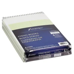 Notepads|Ampad Steno Pad, 6" x 9", Gregg Ruled, 70 Sheets, Green-Tint, 6/Pack (TOP 25-476)