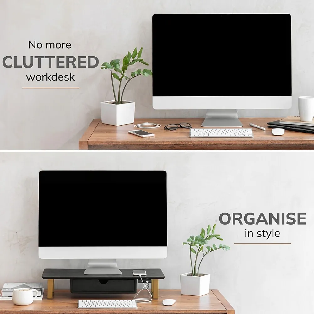 Anji Mountain Mango Wood & Metal Monitor Stand with Two USB Ports and Drawer, (MS-BLK-06GLD-PD) Black and Gold