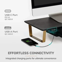 Anji Mountain Mango Wood & Metal Monitor Stand with Two USB Ports and Drawer, (MS-BLK-06GLD-PD) Black and Gold