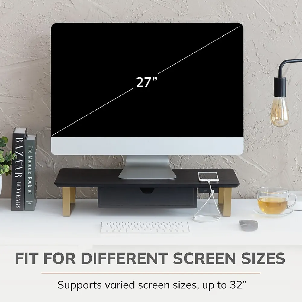 Anji Mountain Mango Wood & Metal Monitor Stand with Two USB Ports and Drawer, (MS-BLK-06GLD-PD) Black and Gold