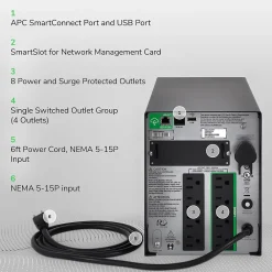 Schneider APC Smart-UPS, Line Interactive, 1500VA, Tower, 120V, 8x NEMA 5-15R outlets, SmartConnect Port+SmartSlot, AVR, LCD (SMT1500C)