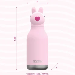ASOBU Bestie Bottle Bunny Vacuum Insulated Stainless Steel Water Bottle with Reusable Flexi Straw, 16 oz., Pink (SBV44BU)