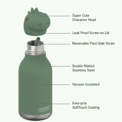 ASOBU Bestie Bottle Dinosaur Stainless Steel Vacuum Insulated Water Bottle, 16 oz., Green (ADNASBV44DI)