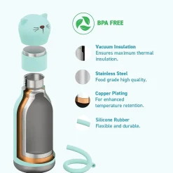 ASOBU Bestie Bottle Kitty Vacuum Insulated Stainless Steel Water Bottle with Reusable Flexi Straw, 16 oz., Blue (SBV44CA)