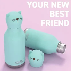 ASOBU Bestie Bottle Kitty Vacuum Insulated Stainless Steel Water Bottle with Reusable Flexi Straw, 16 oz., Blue (SBV44CA)