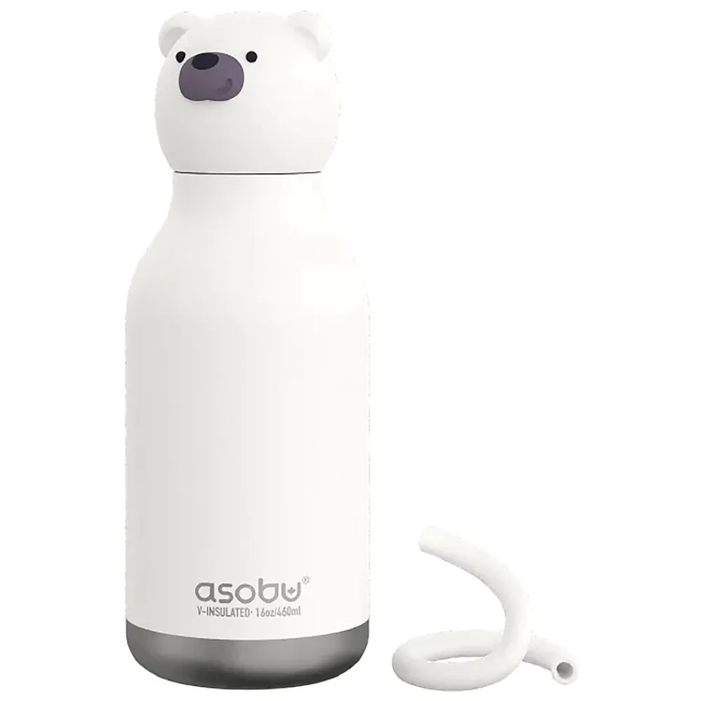 ASOBU Bestie Bottle Teddy Bear Vacuum Insulated Stainless Steel Water Bottle with Reusable Flexi Straw, 16 oz., White (SBV44BE)