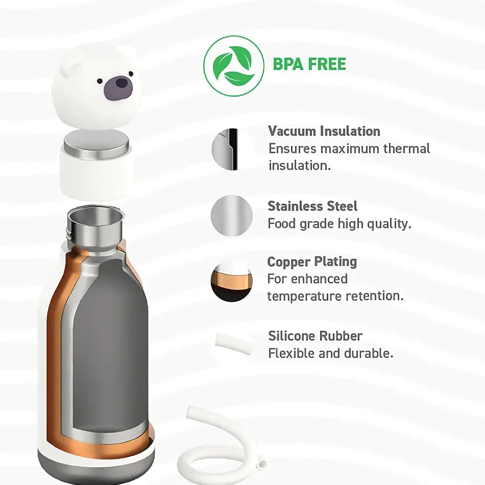 ASOBU Bestie Bottle Teddy Bear Vacuum Insulated Stainless Steel Water Bottle with Reusable Flexi Straw, 16 oz., White (SBV44BE)