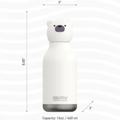 ASOBU Bestie Bottle Teddy Bear Vacuum Insulated Stainless Steel Water Bottle with Reusable Flexi Straw, 16 oz., White (SBV44BE)