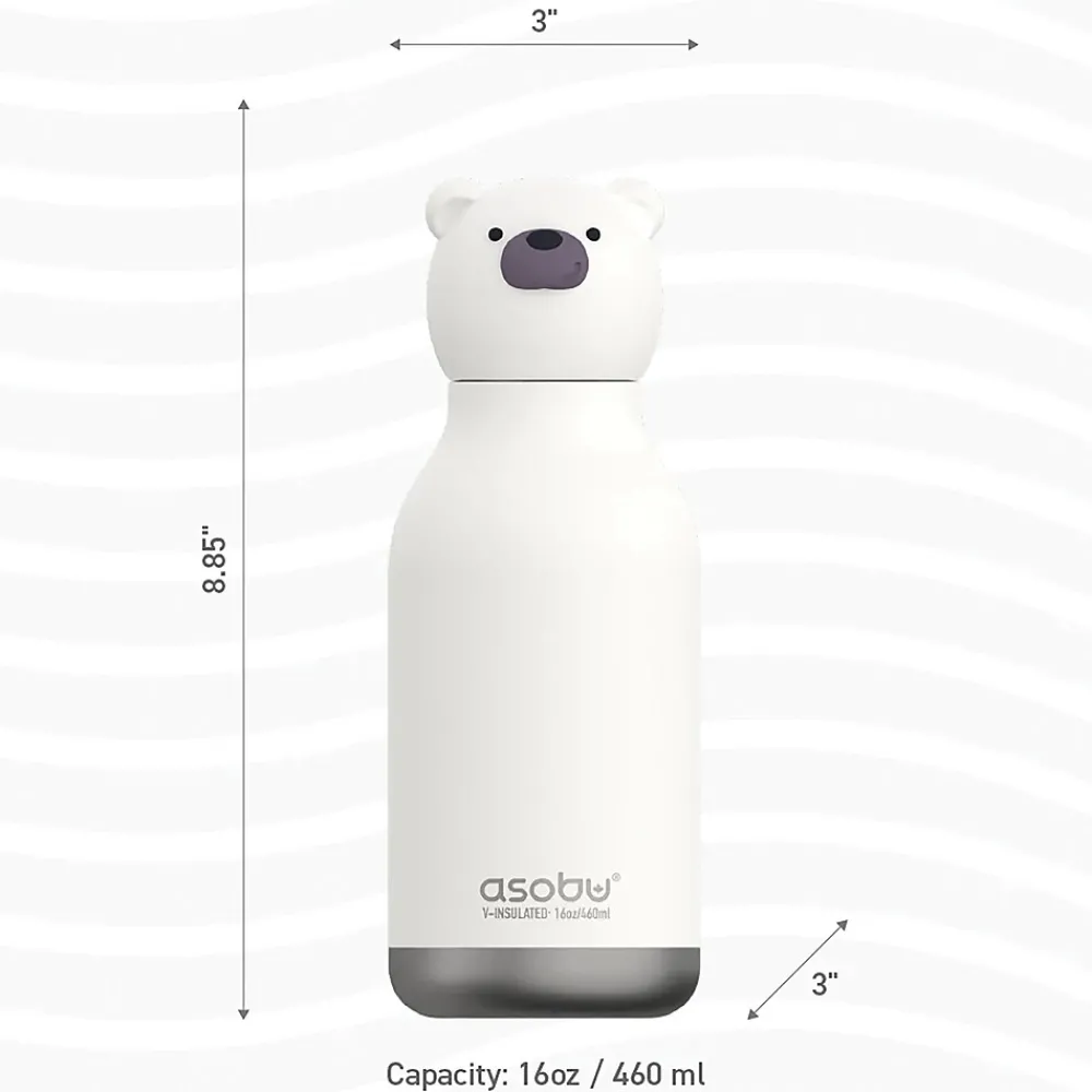ASOBU Bestie Bottle Teddy Bear Vacuum Insulated Stainless Steel Water Bottle with Reusable Flexi Straw, 16 oz., White (SBV44BE)