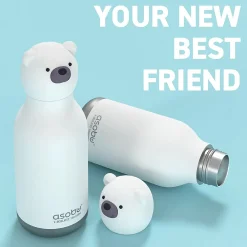 ASOBU Bestie Bottle Teddy Bear Vacuum Insulated Stainless Steel Water Bottle with Reusable Flexi Straw, 16 oz., White (SBV44BE)