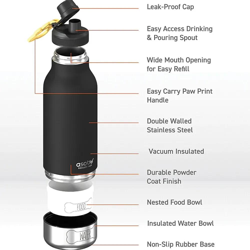 ASOBU Buddy 3-in-1 Water Bottle with Removable Dog Bowl & Food Compartment, 32 oz., Black (SDB2)