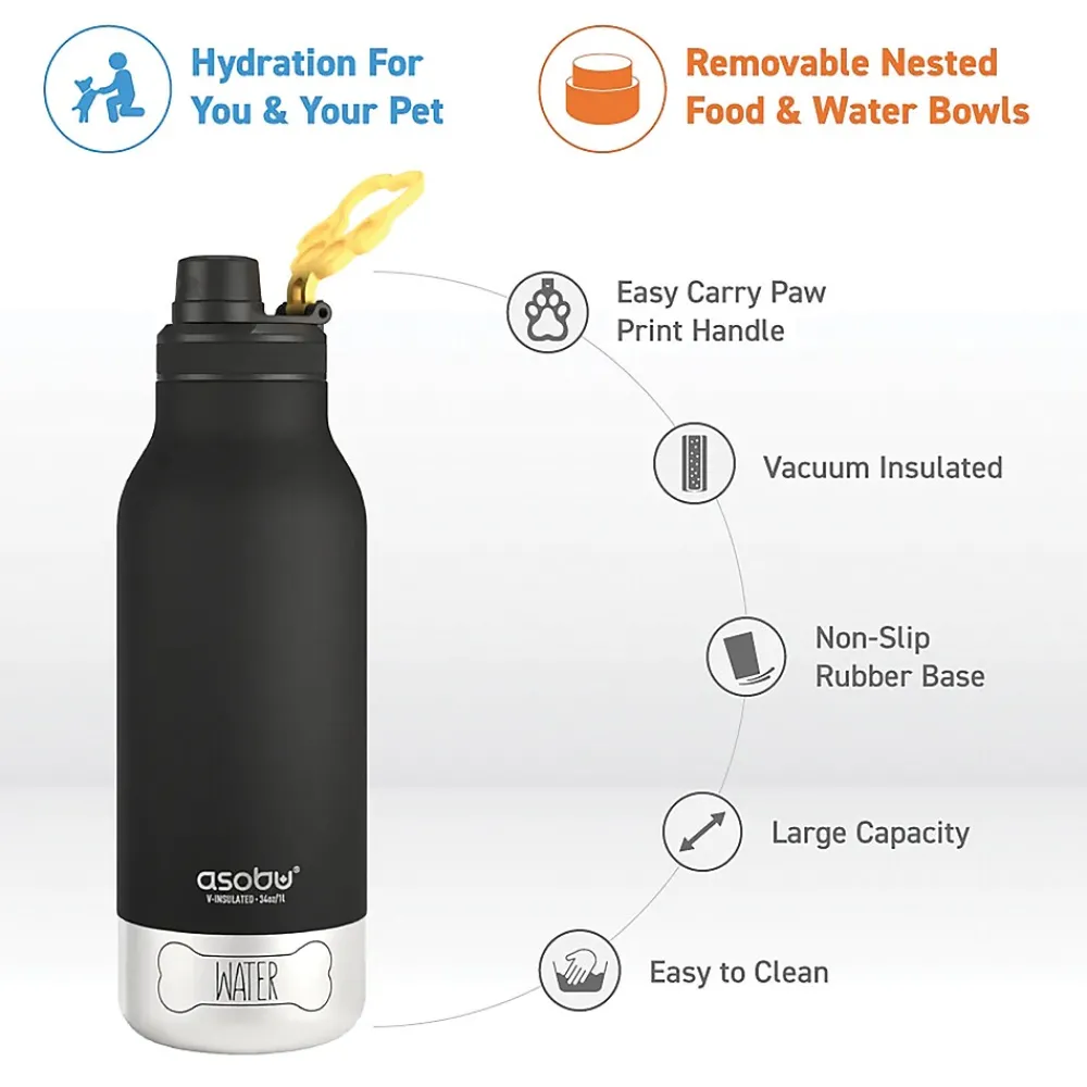 ASOBU Buddy 3-in-1 Water Bottle with Removable Dog Bowl & Food Compartment, 32 oz., Black (SDB2)