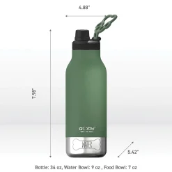 ASOBU Buddy 3-in-1 Water Bottle with Removable Dog Bowl & Food Compartment, 32 oz., Basil Green (SDB2)