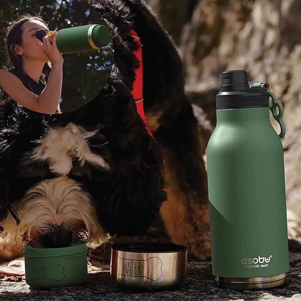 ASOBU Buddy 3-in-1 Water Bottle with Removable Dog Bowl & Food Compartment, 32 oz., Basil Green (SDB2)