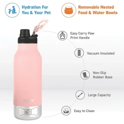 ASOBU Buddy 3-in-1 Water Bottle with Removable Dog Bowl & Food Compartment, 32 oz., Pink (SDB2)