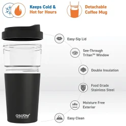 Vista Stainless Steel Clear-Insulation Tritan Coffee Mug, 20 oz., Black (SM40)<ASOBU Clearance
