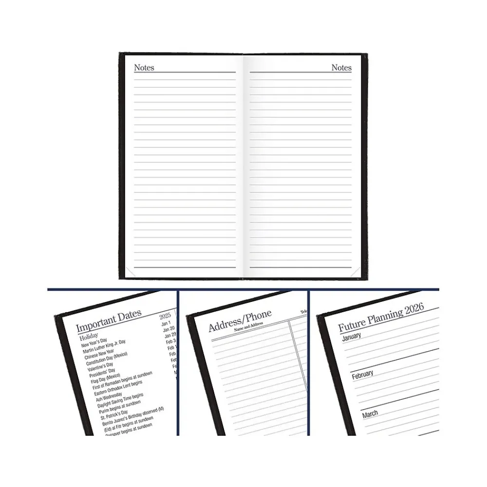 Journals|AT-A-GLANCE Fine Pocket Hardcover Diary, 3" x 6", Ruled, Black (72-02-05-25)