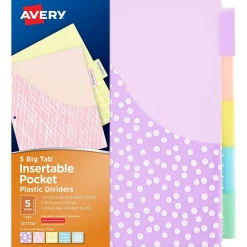 Dividers|Avery Big Tab Insertable Plastic Dividers with Pocket, 5 Tabs, Multicolor Pastel (07714)