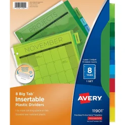 Dividers|Avery Big Tab Insertable Plastic Dividers, 8 Tabs, Multicolor, 24 Sets/Carton (11903)