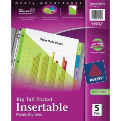 Dividers|Avery Big Tab Insertable Plastic Dividers, 5 Tab, Multicolor, 24 Sets/Carton (11902)