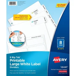 Dividers|Avery Big Tab Printable Paper Dividers with Large White Labels, 8 Tabs, White, 20 Sets/Pack (14441)
