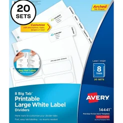 Dividers|Avery Big Tab Printable Paper Dividers with Large White Labels, 8 Tabs, White, 20 Sets/Pack (14441)