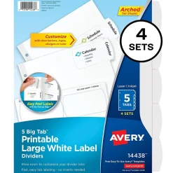 Dividers|Avery Big Tab Printable Paper Dividers with Large White Labels, 5 Tabs, White, 4 Sets/Pack (14438)