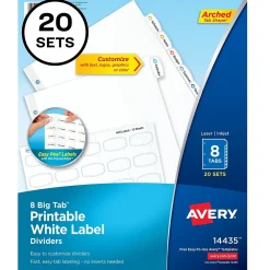 Dividers|Avery Big Tab Printable Paper Dividers with White Labels, 8 Tabs, 20 Sets/Pack (11435)