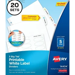 Dividers|Avery Big Tab Printable Paper Dividers with White Labels, 5 Tabs, 20 Sets/Pack (11434)