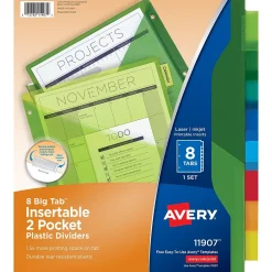 Dividers|Avery Big Tab Two-Pocket Insertable Plastic Divider, 8 Tabs, Multicolor, 1 Set (11907)