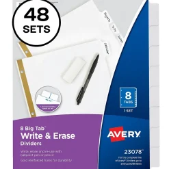 Dividers|Avery Big Tab Write & Erase Paper Dividers, 8 Tab, White, 48 Sets/Carton (23078CT)