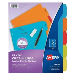 Dividers|Avery Big Tab Write & Erase Plastic Dividers, 5 Tabs, Bright Multicolor (16129)