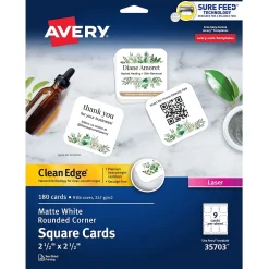 Business Cards*Avery Clean Edge Laser Square Cards with Rounded Corners, 2 1/2" x 2 1/2", White, 20 Sheets/Pack, 180 Cards/Pack (35703)