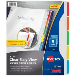 Dividers|Avery Clear Easy View Plastic Dividers, 5 Tabs, Multicolor (16740)