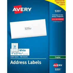 New Avery Copier Address Labels, 1" x 2-13/16", White, 3300 Labels/Box (5351)