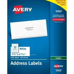 Labels|Avery Copier Address Labels, 1-3/8" x 2-13/16", White, 2,400 Labels/Box (5363)