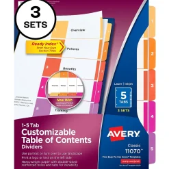 Dividers|Avery Customizable Table of Contents Dividers, 5-Tab, Multicolor, 3 Sets/Pack (11070)