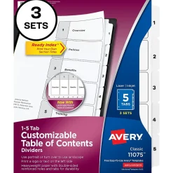 Dividers|Avery Customizable Table of Contents Dividers, Ready Index Printable Section Titles, Preprinted 1-5 White Tabs, 3 Sets (11075)