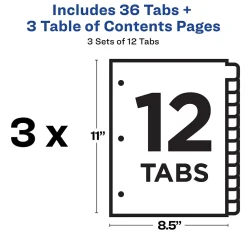 Dividers|Avery Customizable Table of Contents Dividers, 12-Tabs, White, 3 Sets/Pack (11078)