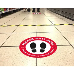 Avery Directional "Please Wait Here" Preprinted Floor Decals, 10.5" Diameter, White/Red, 5/Pack (83090)