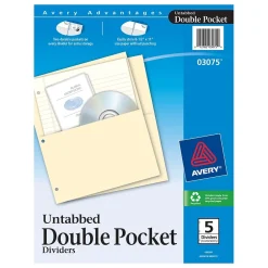Dividers|Avery Double Pocket Paper Dividers, Untabbed, Manila, 5 Dividers/Pack (03075)