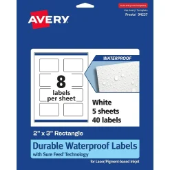 Labels|Avery Durable Waterproof Laser/Inkjet Rectangle Labels, 2" x 3", White, 40 Labels/Pack (36559)