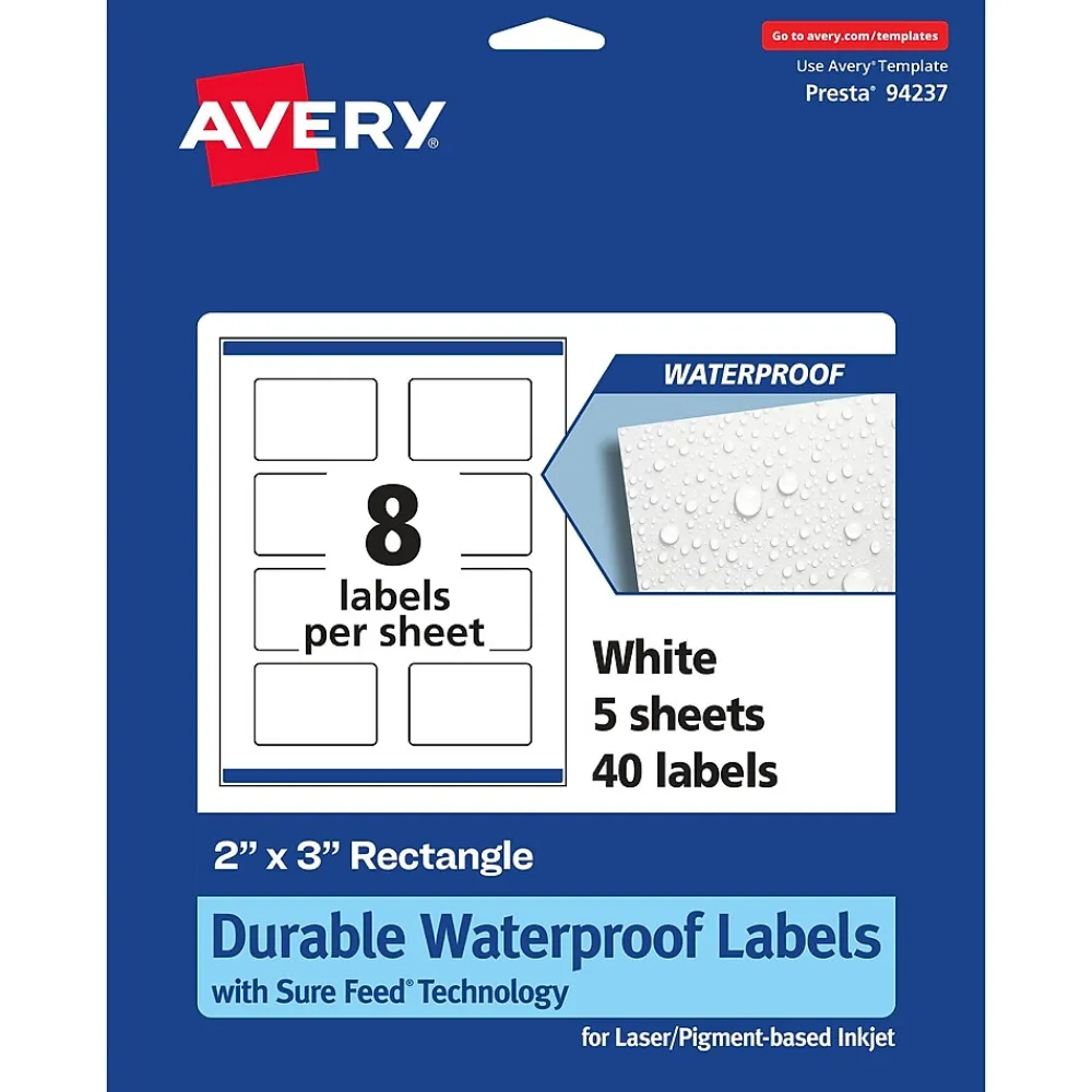 Labels|Avery Durable Waterproof Laser/Inkjet Rectangle Labels, 2" x 3", White, 40 Labels/Pack (36559)
