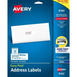 Sale Avery Easy Peel Inkjet Address Labels, 1" x 2-5/8", White, 750 Labels/Pack (8160)