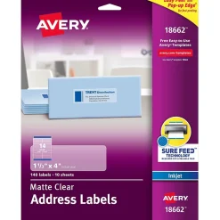 New Avery Easy Peel Inkjet Address Labels, 1-1/3" x 4", Clear, 140 Labels/Pack (18662)