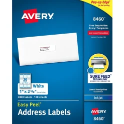 Outlet Avery Easy Peel Inkjet Address Labels, 1" x 2-5/8", White, 3,000 Labels/Box (8460)